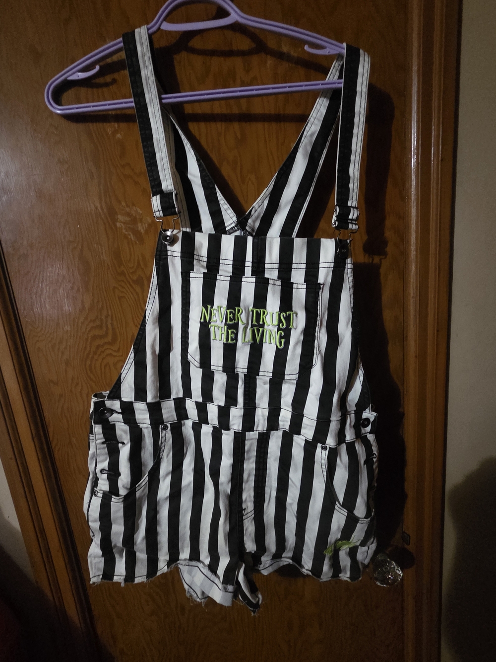 Black & White Striped Short Overalls Romper with Neon Green Slogan